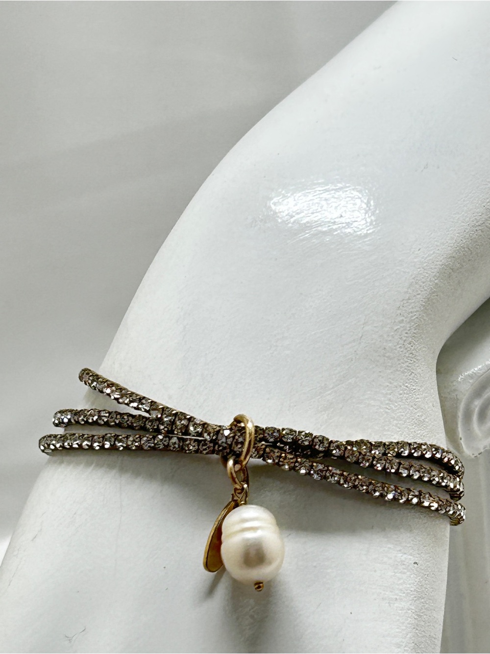 Serefina, Triple Strand Gold And Crystal Stretch Bracelets With Baroque Pearl